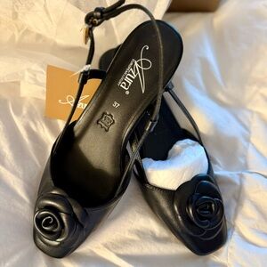 AZURA Chanel Style Black Leather Low Heels Shoes Sz 37 NWT